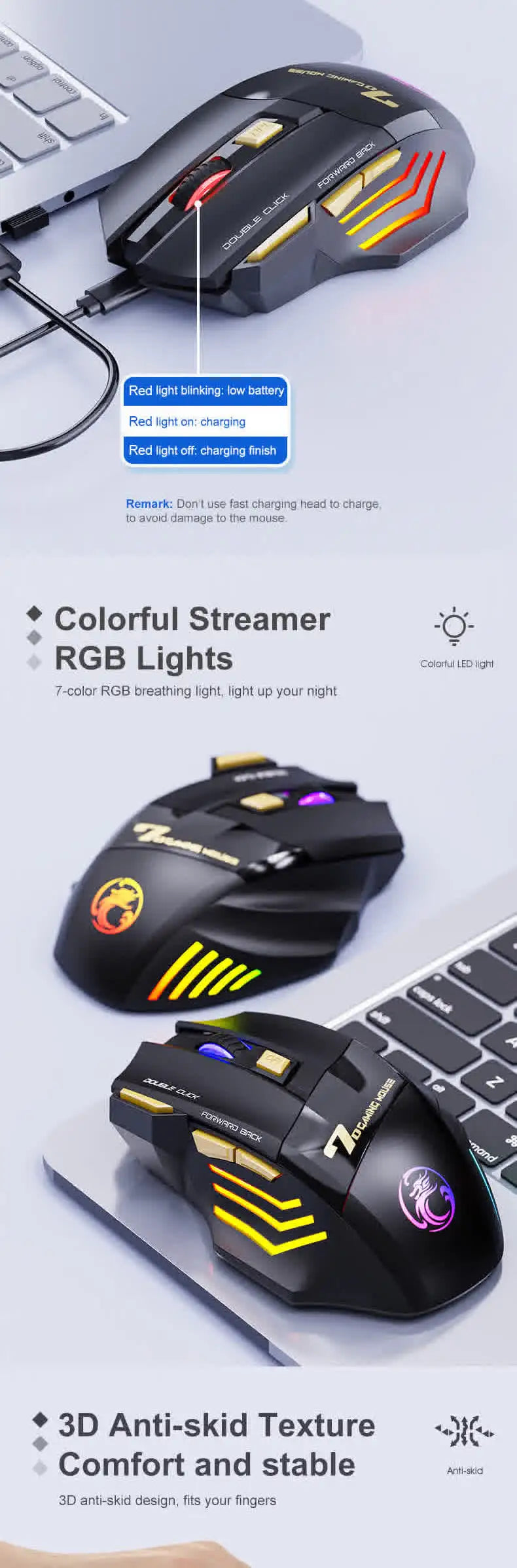 Wireless Bluetooth Rechargeable Gaming Mouse with RGB Backlight, Ergonomic Silent Computer Mouse, 7 Keys, Adjustable DPI for PC Laptop