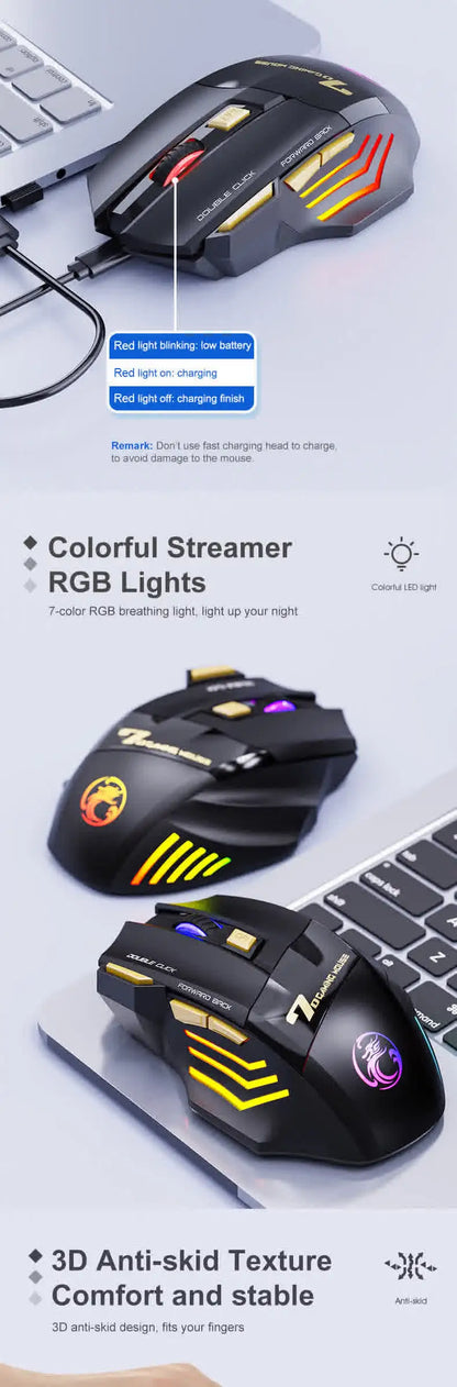 Wireless Bluetooth Rechargeable Gaming Mouse with RGB Backlight, Ergonomic Silent Computer Mouse, 7 Keys, Adjustable DPI for PC Laptop