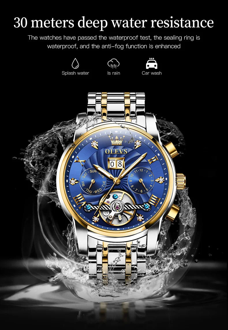 OLEVS 9910 Pánské hodinky Originální luxusní značka Vodotěsné Světélkující Automatické mechanické hodinky Hodinky s dvojitým kalendářem Krabička na hodinky Reloj