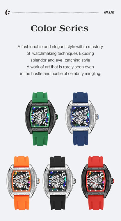 2026 Men's Automatic Mechanical Watch with Stainless Steel Case Silicone Band Skeleton Dial Waterproof Sport Wristwatch