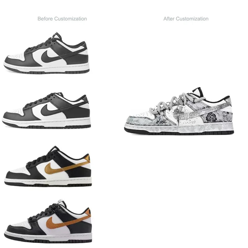 Custom Sneakers Nike Dunk "Silver Bloom Rose" Ink Wash & Splatter Wear-Resistant Low-Top Unisex Skate Shoes