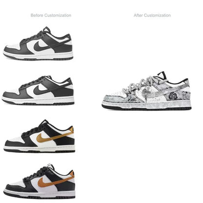 Custom Sneakers Nike Dunk "Silver Bloom Rose" Ink Wash & Splatter Wear-Resistant Low-Top Unisex Skate Shoes