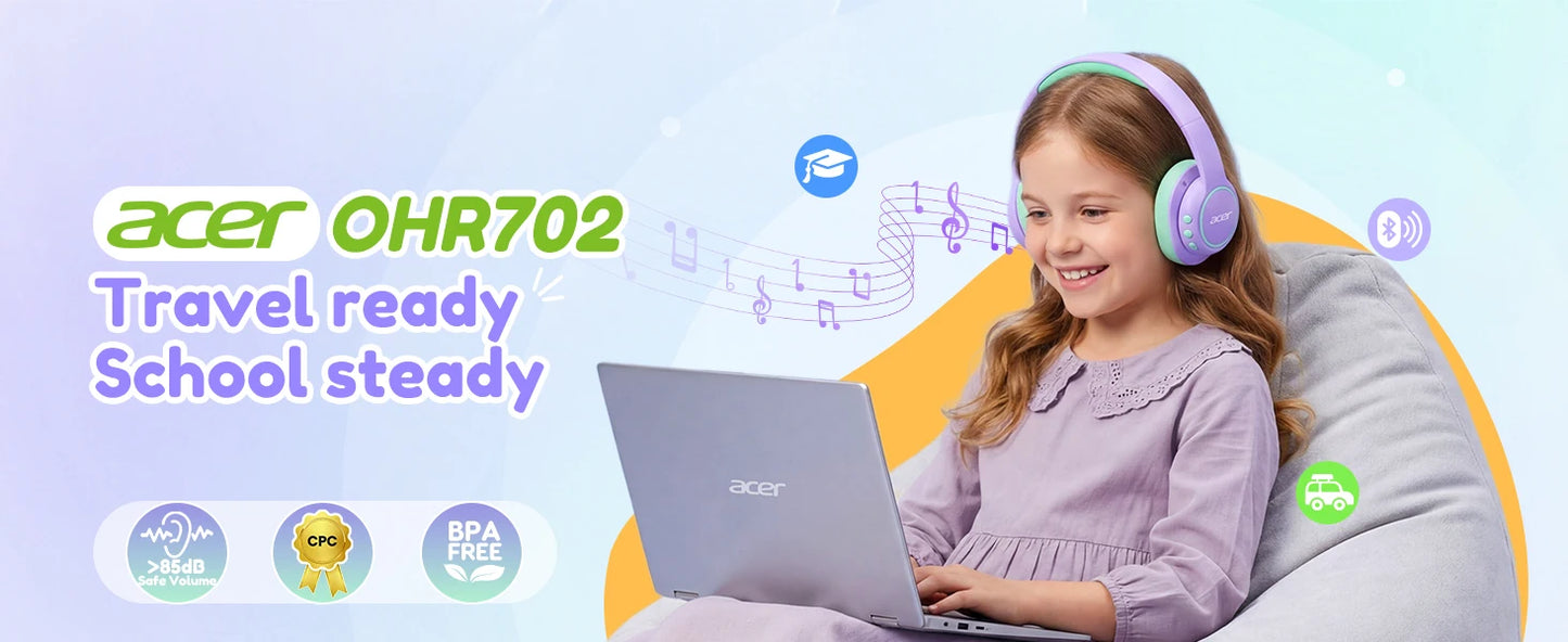 Acer Kids Bluetooth 6.0 Headphones with Mic, 75H Playtime, 85dBA Safe Volume Over-Ear Wireless Headphones, USB-C Fast Charging for iPad, Tablet & School