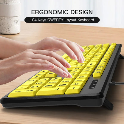 Wired Keyboard Yellow Large Character Keyboard for Elderly,High Compatibility USB Plug-and-Play Large Key Design, High Contrast