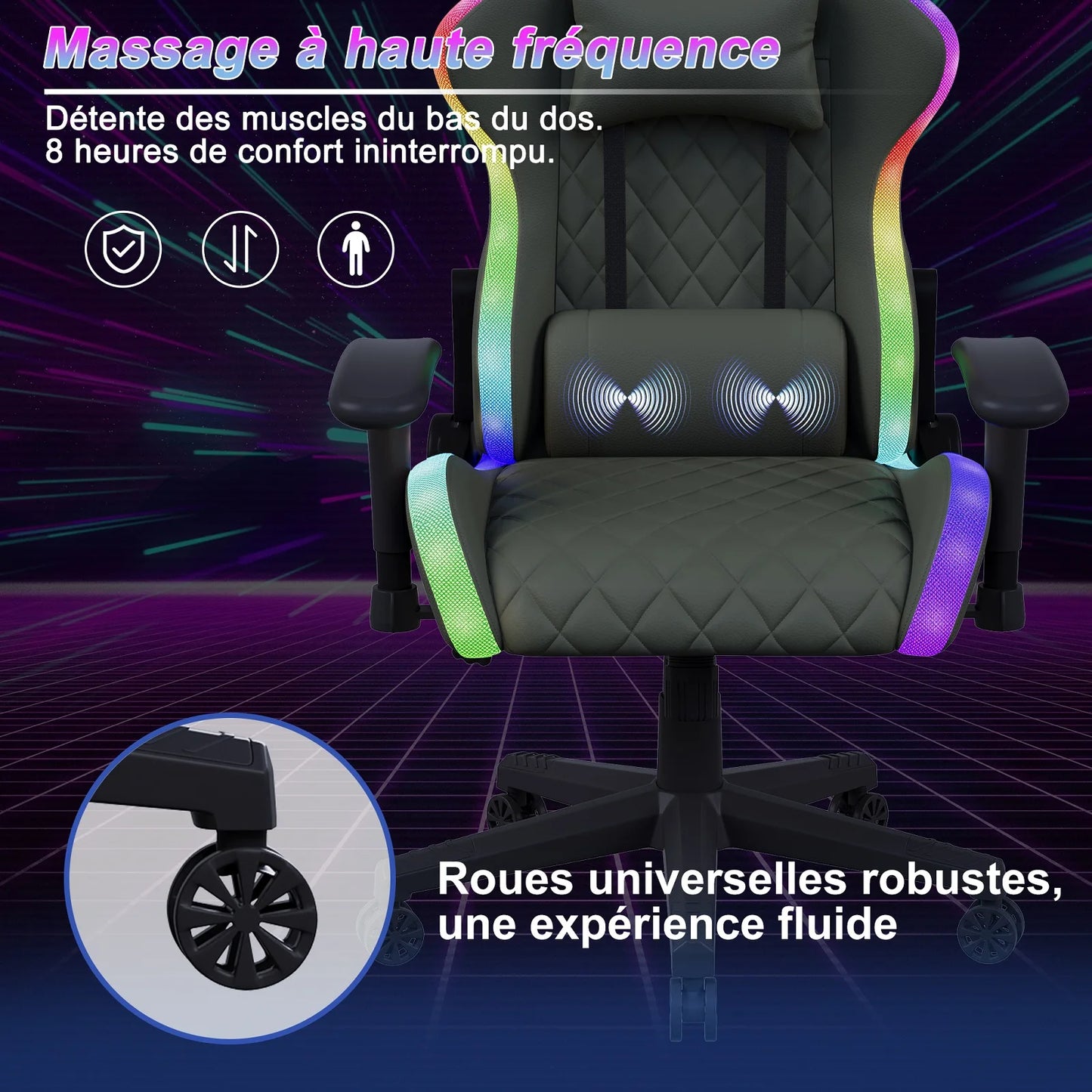 LED Gaming Chair Ergonomic Office Chair with Adjustable Backrest, PU Leather Computer Chair with Lumbar Support Cushion, Footrest & Headrest