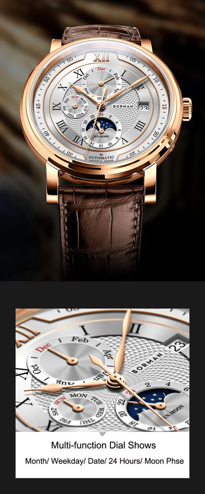 BORMAN BM3868  New 40mm  Luxury Men Automatic Mechanical Men's Watches Sapphire Multi-function Waterproof Moon Phase Clocks