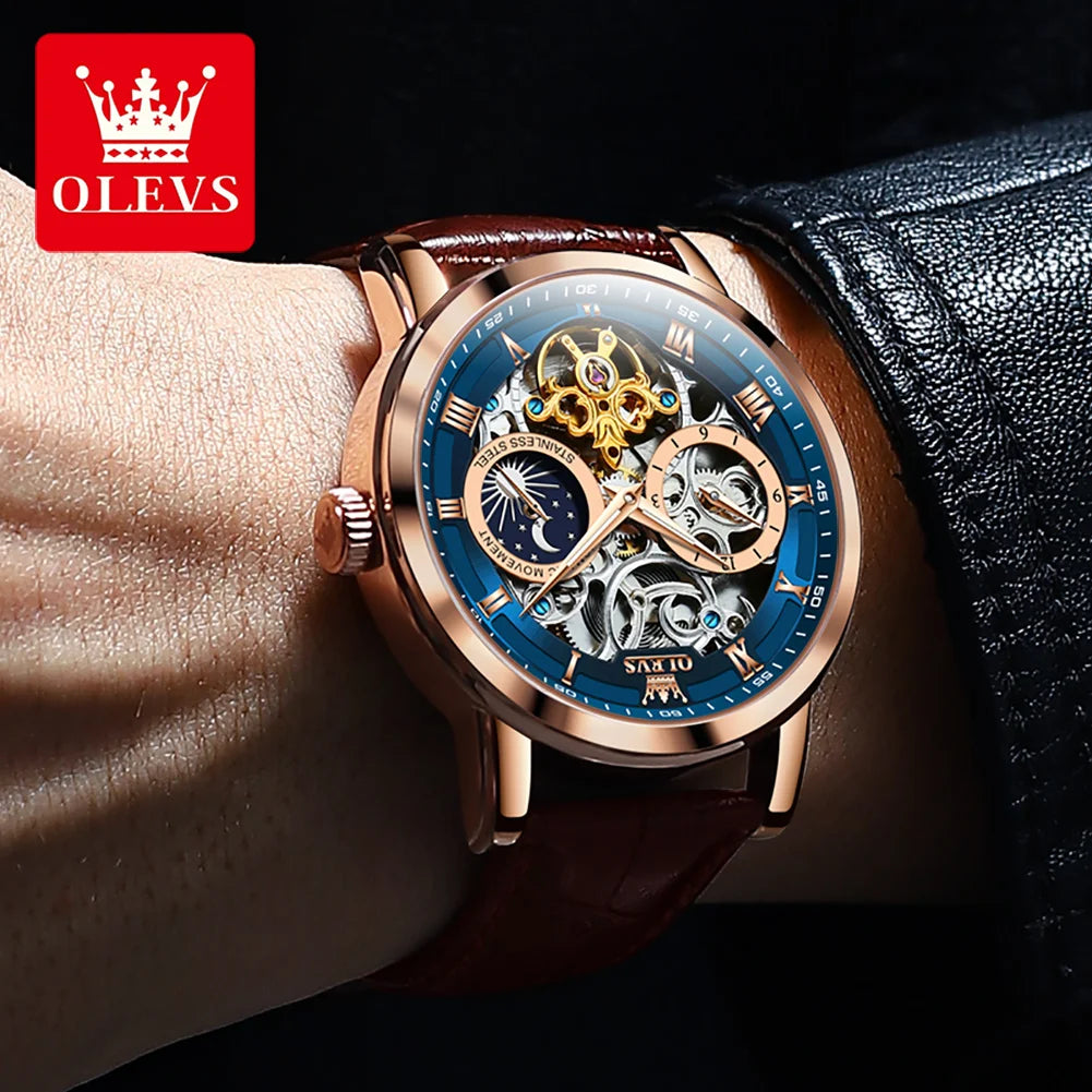 OLEVS Top Brand Men's Skeleton Mechanical Watch Waterproof Leather Strap Men Moon Phase Automatic Tourbillon Wristwatch for Men