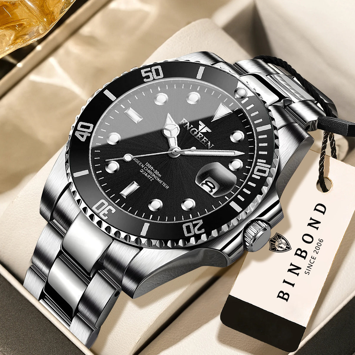 BINBOND FNGEEN Son Brand quartz wristwatch for men, with a stainless steel strap, luminous and water-resistant, luxury.