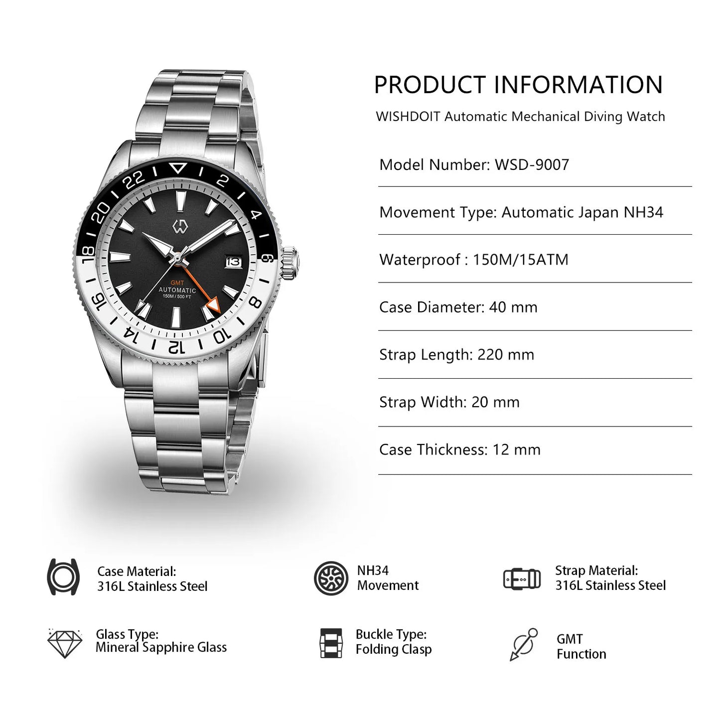 WISHDOIT 2025 New NH34 Men's Sports Automatic Mechanical GMT Sapphire Stainless Steel Waterproof 15 ATM With Rubber Strap