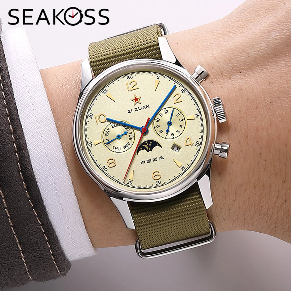 SEAKOSS Automatic Mechanical Wristwatch 1963 with Seagull ST1654 Movement 24H-Hour Display Air Force Pilot Calendar Mens Watches
