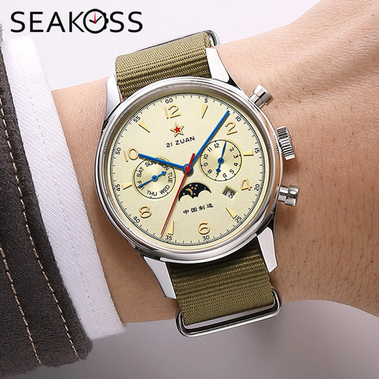 SEAKOSS Automatic Mechanical Wristwatch 1963 with Seagull ST1654 Movement 24H-Hour Display Air Force Pilot Calendar Mens Watches
