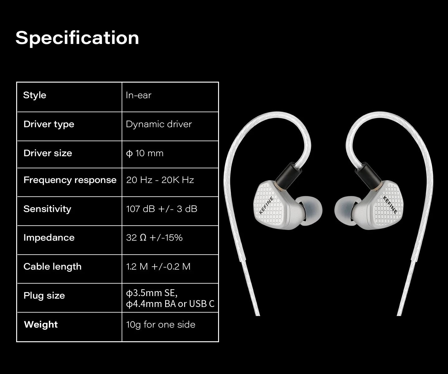 Angelears Kefine Klean SV 10mm DLC Diaphragm Dynamic Driver IEMs – Hi-Fi In-Ear Earphones with Interchangeable Nozzles &amp; Silver-Plated SPC Cable