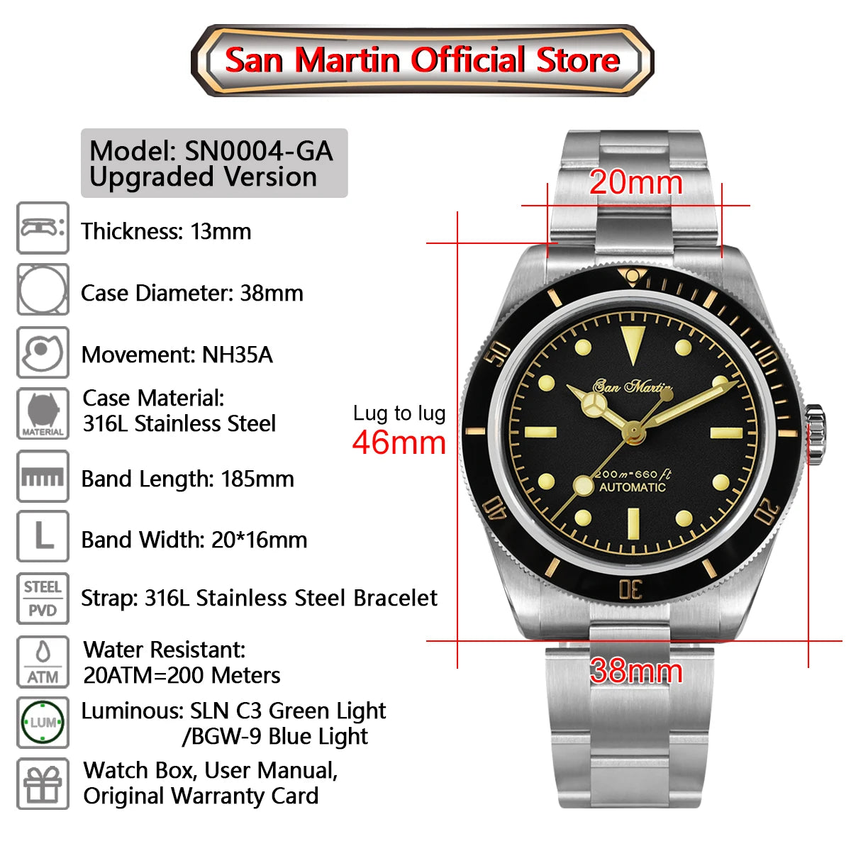 San Martin Vintage 38mm 6200 Diver Watch New Upgraded for Men Luxury NH35 Automatic Mechanical Sapphire Waterproof 200m Relojes