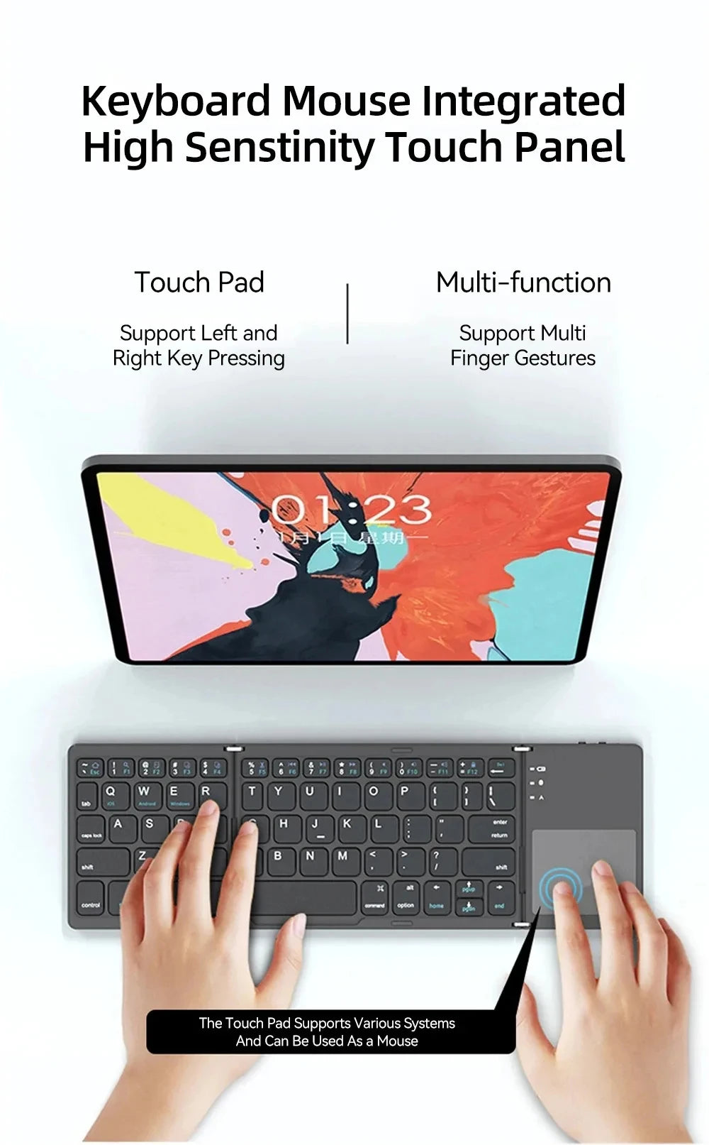 Russian/Spanish/English B033 Mini Foldable keyboard, Wireless Bluetooth Keyboard Recharger with Touchpad for Windows Android IOS