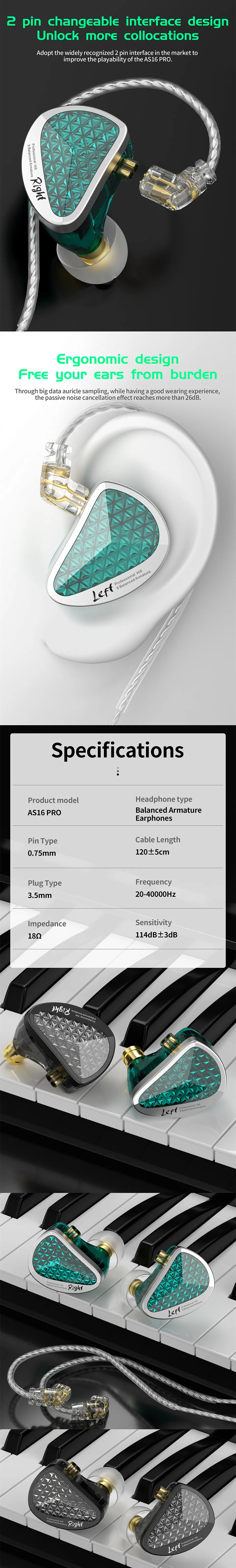 KZ AS16 Pro 16BA Balanced Armature In Ear Earphones HiFi Monitor Headphones with Detachable Cable Noise Cancelling Earbuds