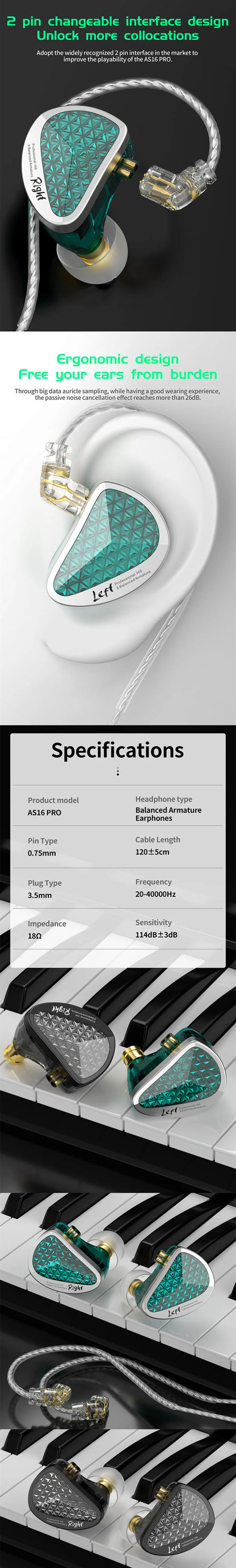 KZ AS16 Pro 16BA Balanced Armature In Ear Earphones HiFi Monitor Headphones with Detachable Cable Noise Cancelling Earbuds