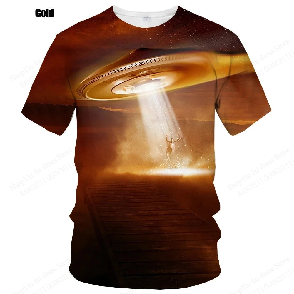 Summer UFO Alien 3d Print T-shirt Men Fashion Casual O-Neck Short Sleeve Tshirt Funny Mysterious Spaceship Tops Tees Men Clothes