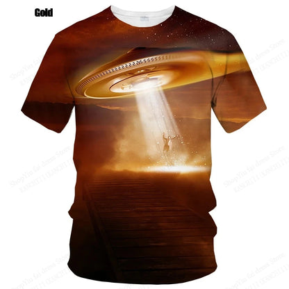 Summer UFO Alien 3d Print T-shirt Men Fashion Casual O-Neck Short Sleeve Tshirt Funny Mysterious Spaceship Tops Tees Men Clothes