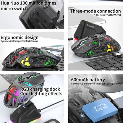 Lahka gaming miška Lenovo Tri-Mode z RGB polnilno postajo, 12000DPI, 2.4G/Bluetooth/žično, ergonomska miška za PC in prenosnik