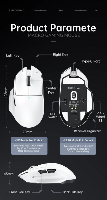 ATTACK SHARK V6 Wireless Gaming Mouse, Superlight RGB Gaming Mouse with Magnetic Charging Dock, PAW3311 Sensor, Tri-Mode Bluetooth Gaming Mouse