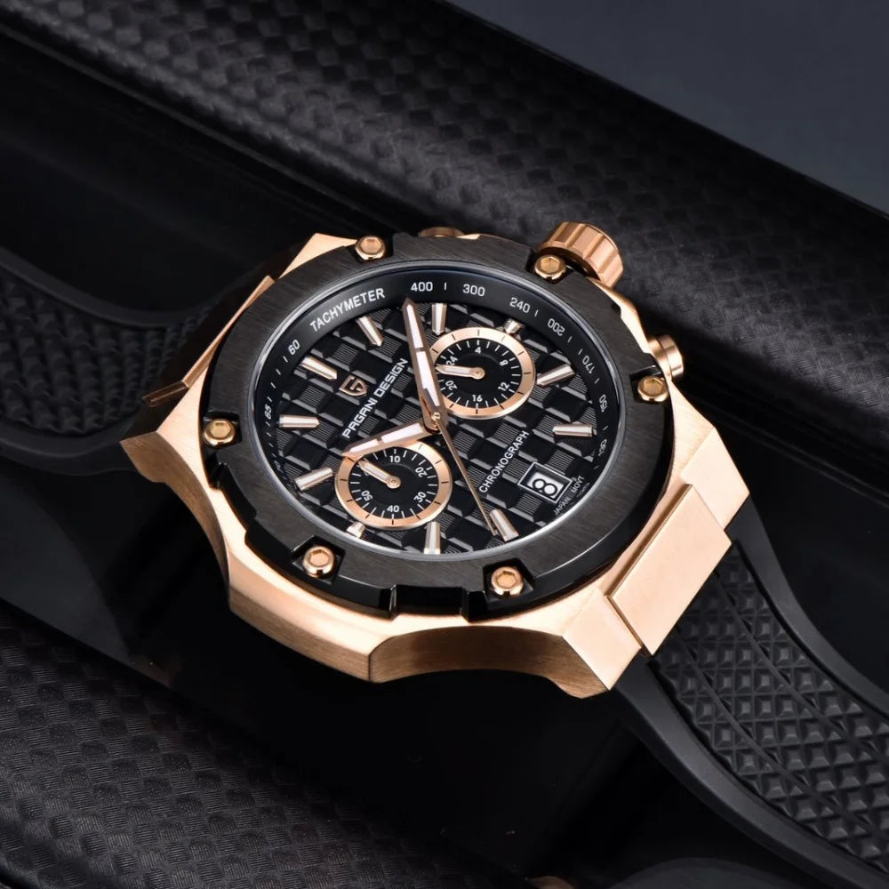 PAGANI DESIGN PD-YS032 Men's Quartz Watch 44mm Japan VK64 Movt Stainless Steel Case Rubber Strap Sapphire Glass 100M Waterproof