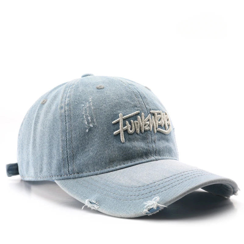 Cappellino da uomo in denim lavato stile retrò giapponese con lettere ricamate, per sport all’aperto, viaggi e protezione dal sole, cappellino da baseball classico, versatile e comodo