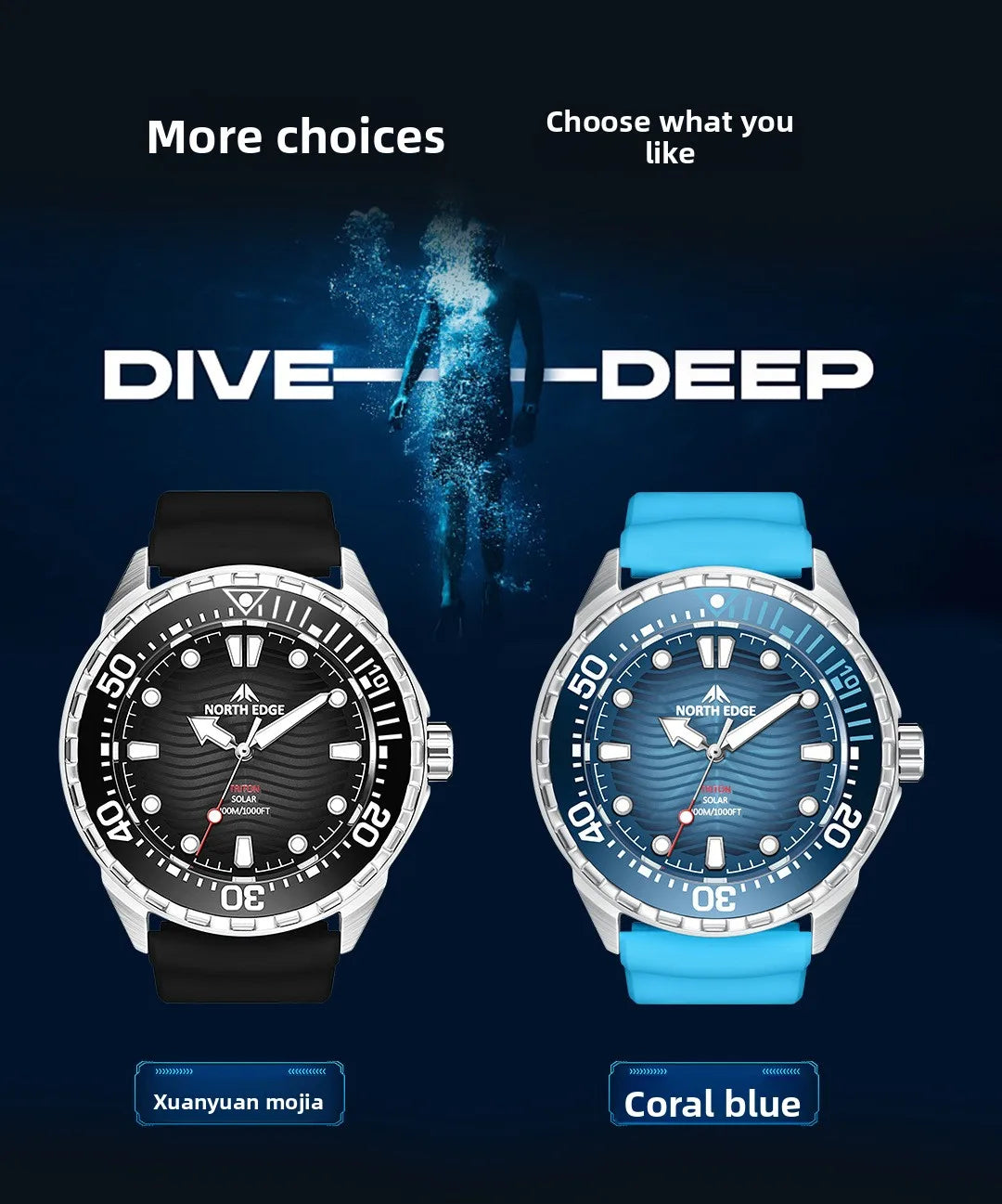New NORTH EDGE 2026 New TRITON Solar Powered Dive Watch Men Luxury Quartz Watches for Men 316L Stainless Steel Case Waterproof 3