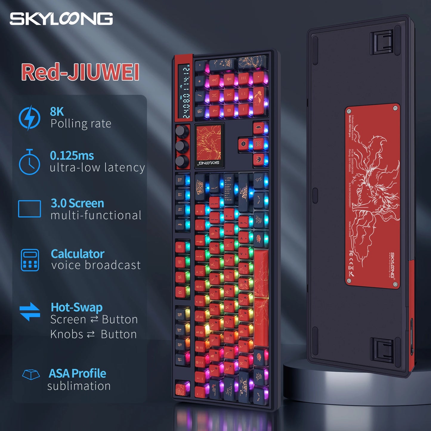 SKYLOONG GK104 Pro Wireless Mechanical Keyboard, 104-Key Custom Hot-Swappable RGB Gaming Keyboard with LCD Screen, Triple Mode Bluetooth/2.4G/USB-C Mechanical Keyboard