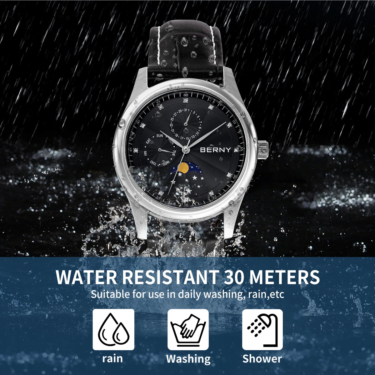 BERNY Men Watch Date Weeks Moon Phase Quartz Watches for Men Stainless Steel Leather Strap Business Wristwatch Male Clock