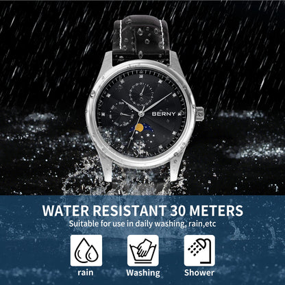 BERNY Men Watch Date Weeks Moon Phase Quartz Watches for Men Stainless Steel Leather Strap Business Wristwatch Male Clock