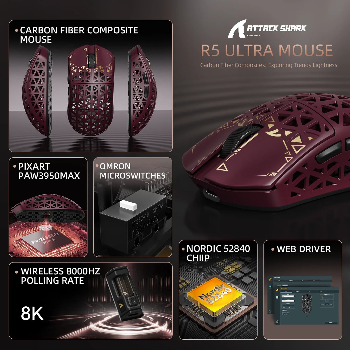 ATTACK SHARK R5 Ultra Carbon Fiber Wireless Gaming Mouse, 42g Lightweight Gaming Mouse, PAW3950MAX Sensor, 42000 DPI, 8000Hz, Tri-Mode Connectivity