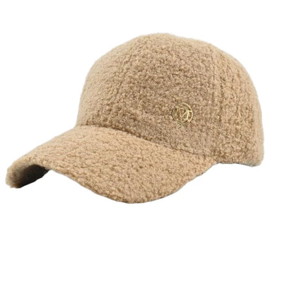 Winter Solid Color M-Label Lamb Wool Baseball Cap for Women, Outdoor Warm Casual Fashion Versatile Plush Duckbill Cap