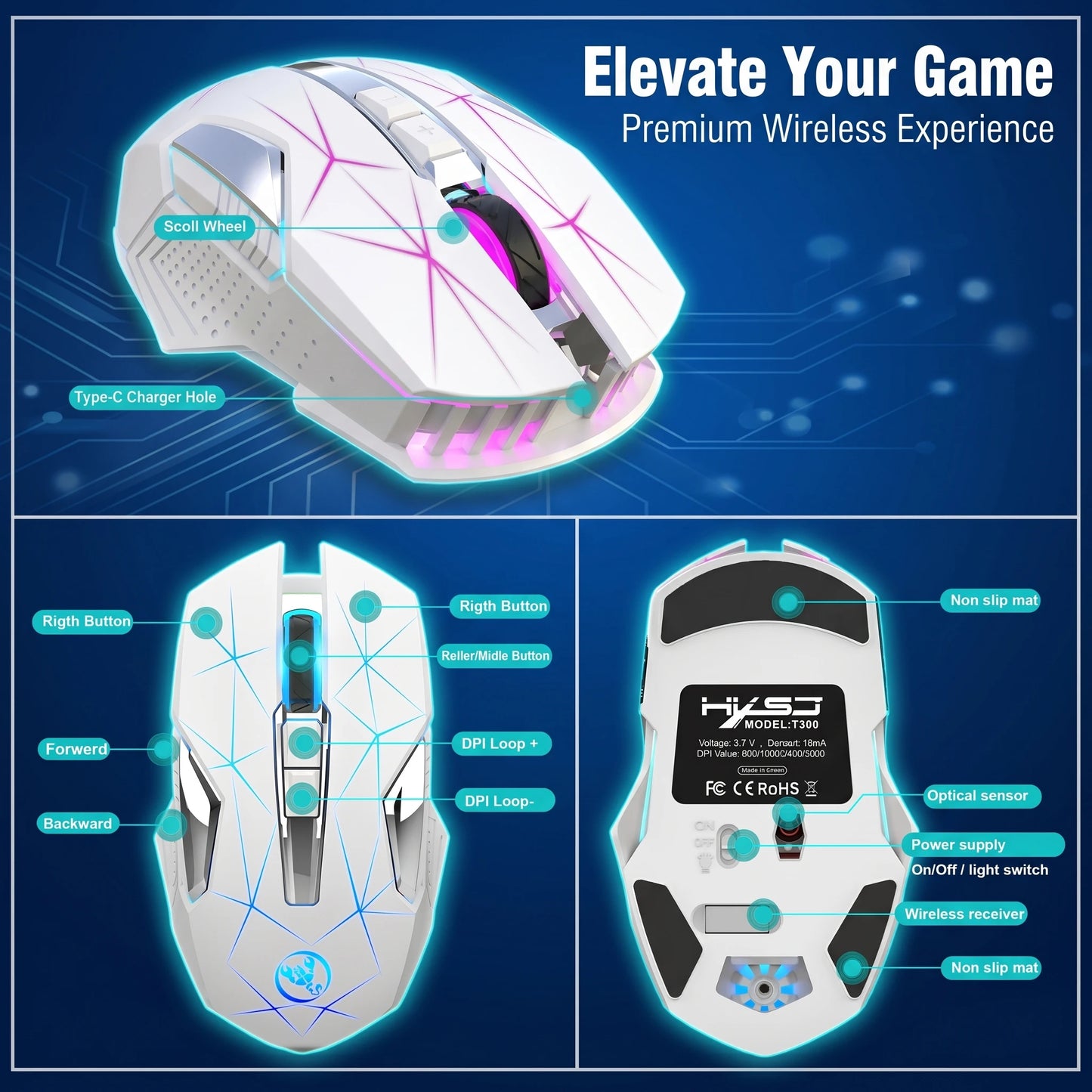 Wireless Gaming Mouse 2.4G Rechargeable Gaming Mouse with RGB Breathing Light, 2400 DPI, 6 Buttons, Instant Response Wireless Mouse for PC, Laptop & Gaming Switch