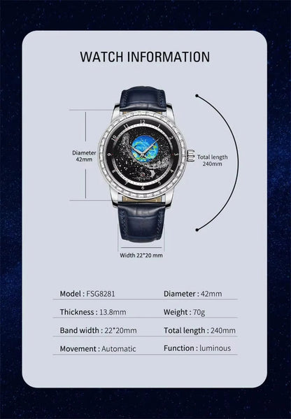 FORSINING Luxury Mens Automatic Mechanical Watch,Earth Star Moon Starry Milky Way Rhinestone Dial Leather Strap,3ATM Waterproof