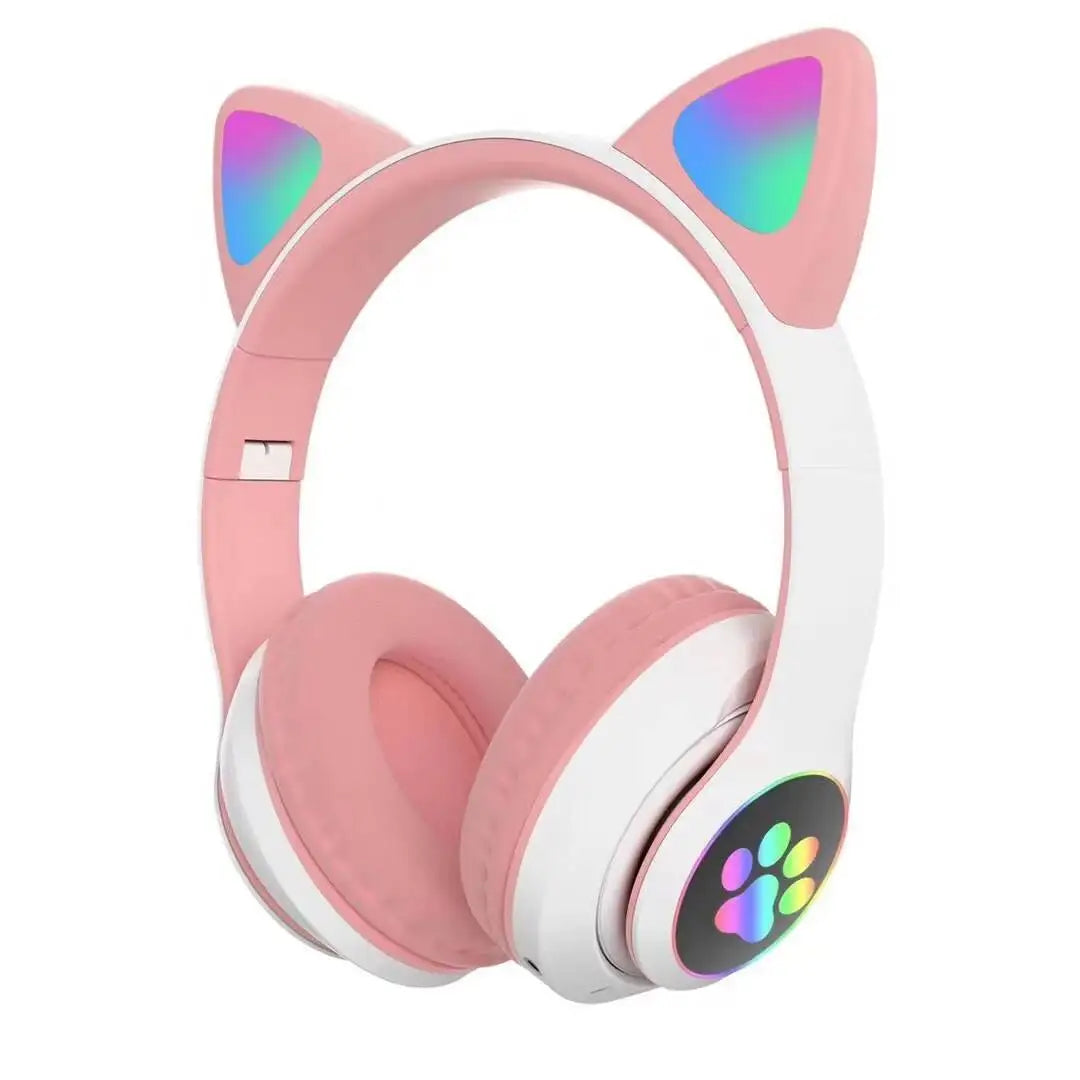 Cute Cat Ear Bluetooth Wireless Headphones with LED Lights – Kids Foldable Stereo Headset with Microphone, Bluetooth 5.0 Gaming & Music Headphones