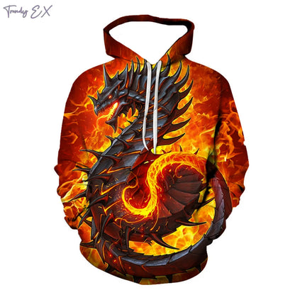 Sweatshirt Novo 3D com Gráfico de Dragão em Chamas Roxas, Capuz com Cordão, Bolso Canguru, Manga Comprida, Estilo Harajuku, para Homem