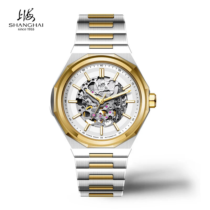 Shanghai Watch Dual Skeletonized Automatic Mechanical Watches 41mm Luminous Sapphire Men's Wristwatch 316L Stainless Steel S8008