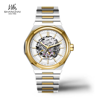 Shanghai Watch Dual Skeletonized Automatic Mechanical Watches 41mm Luminous Sapphire Men's Wristwatch 316L Stainless Steel S8008