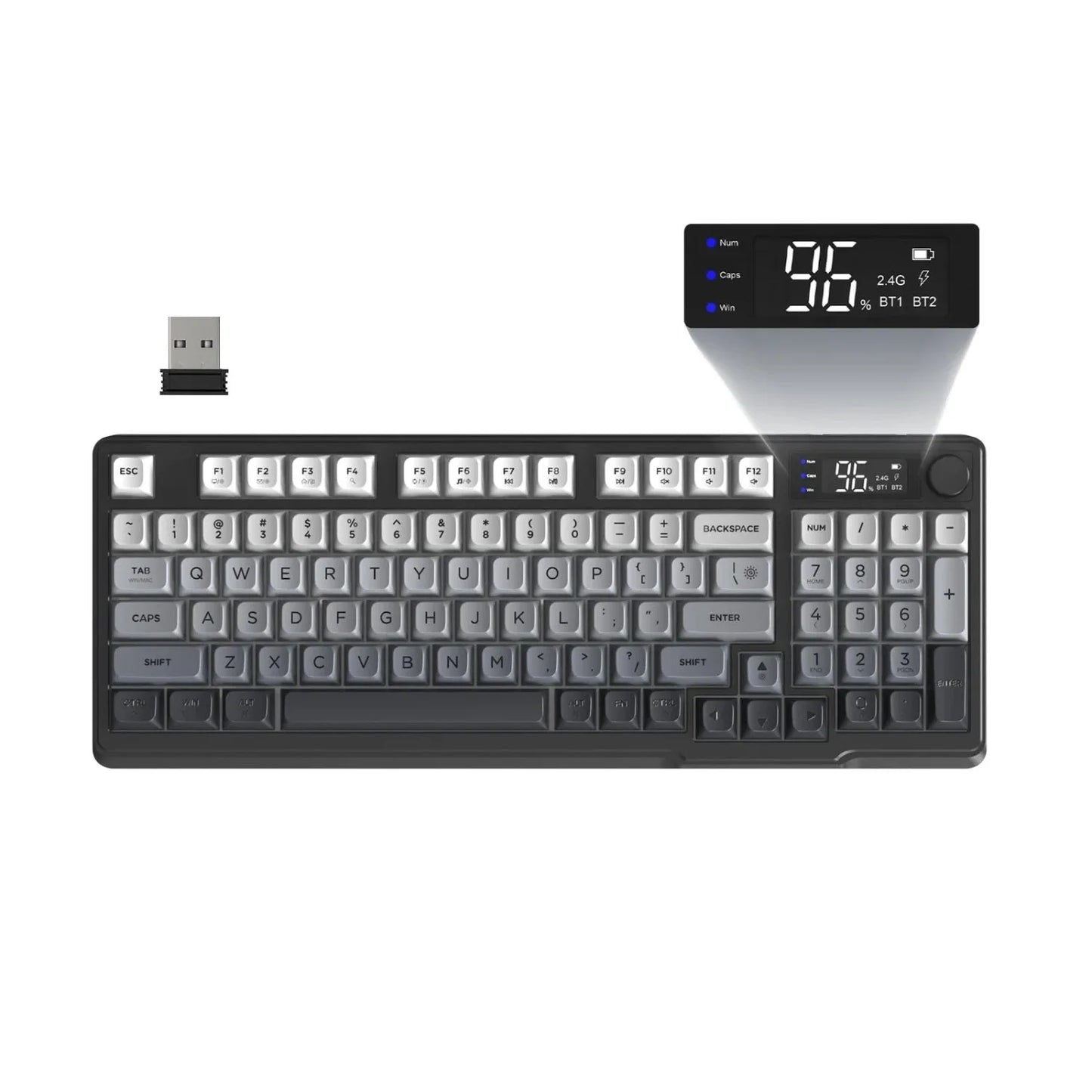 FREEWOLF M96 Wireless Keyboard RGB Gaming Keyboard with Knob Control, Bluetooth/2.4G/USB Wired Mechanical Feel Keyboard, PBT Keycaps, Display Screen, 3000mAh Battery