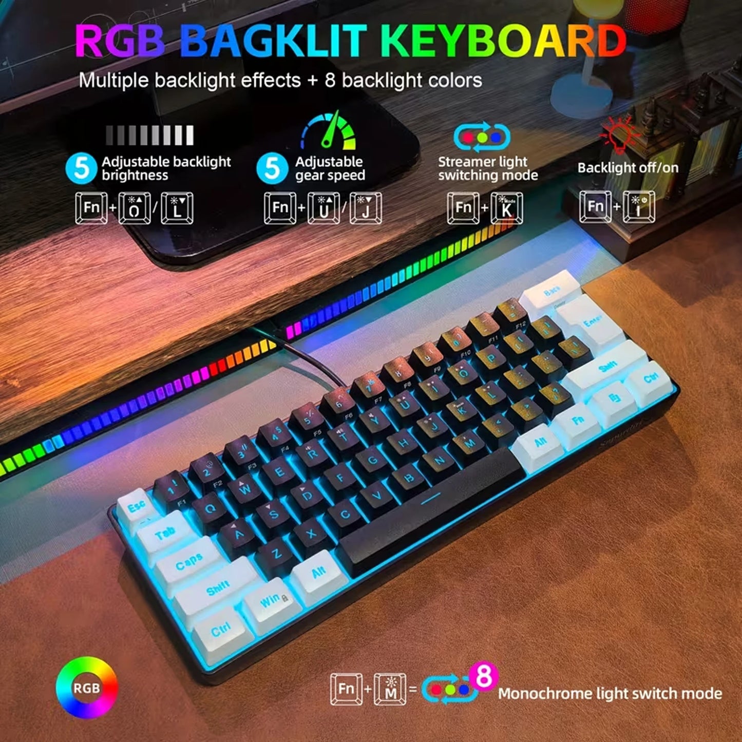 60% Gaming Keyboard Wired RGB Backlit Mini 61 Keys Membrane Keyboard Anti-Ghosting No-Conflict Ultra-Compact for Gamers