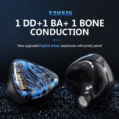 VZONIS DDB-03 HiFi IEM Earphones 1DD+1BA+Bone Conduction Hybrid Driver Wired Gaming Earbuds High Resolution Audio Headphones