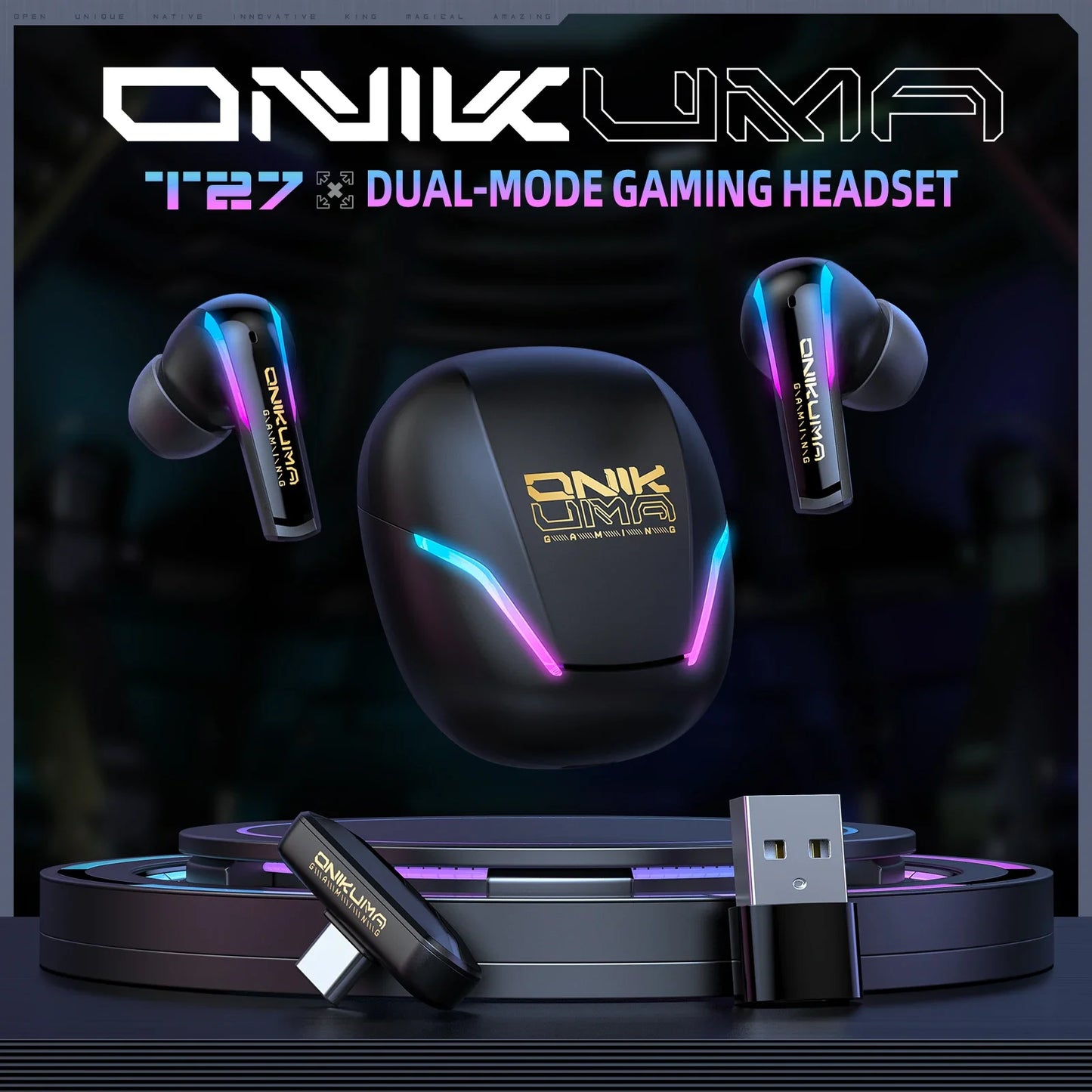 ONIKUMA T27 Wireless Earbuds Dual-mode Headset Independent Connection  with Touch Control 2.4Ghz Low Latency Stereo Bluetooth