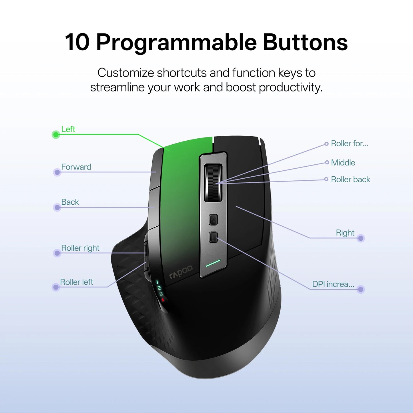 Rapoo MT710L Multi-Mode Rechargeable Wireless Mouse, Bluetooth Wireless Mouse with 4000 DPI, Ergonomic Multi-Device Mouse for Up to 4 Devices