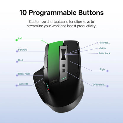 Rapoo MT710L Multi-Mode Rechargeable Wireless Mouse, Bluetooth Wireless Mouse with 4000 DPI, Ergonomic Multi-Device Mouse for Up to 4 Devices