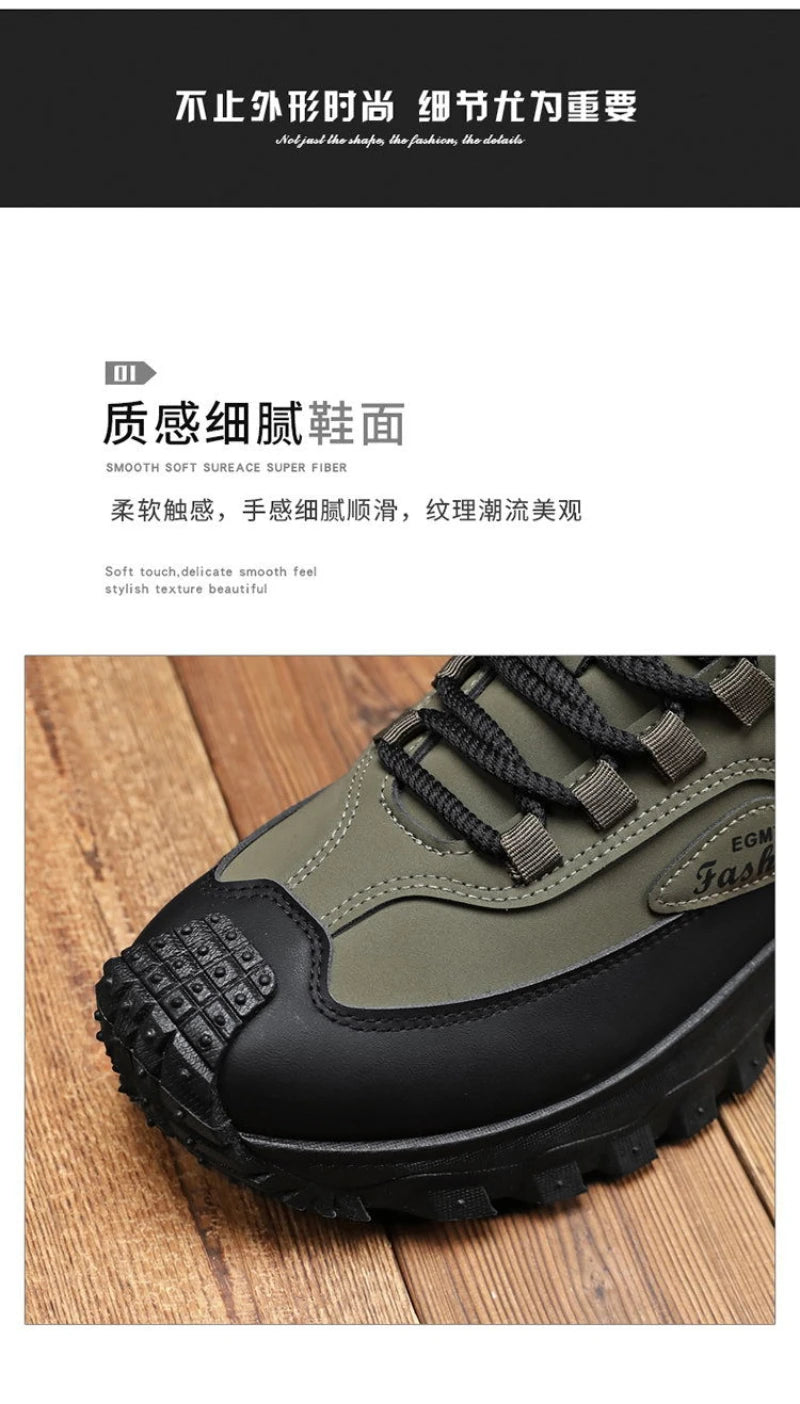 Botas de senderismo de caña media para hombre, en blanco y negro, de cuero impermeable, con plataforma, zapatillas antideslizantes para exterior, calzado informal con suela resistente