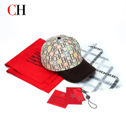 Czapka baseballowa z nadrukiem monogramu CH, usztywniona, regulowana, unisex, typu „dad hat”, z daszkiem przeciwsłonecznym, w stylu streetwear, czarna, z tkaniny, czapka codzienna