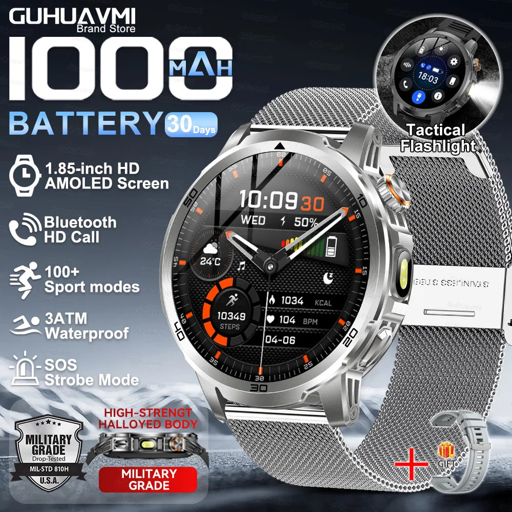 2026 New Military Outdoor Smart Watch 1.85‘’ AMOLED 1000mAh Large Battery 5ATM Waterproof Voice Call Sports Men Fitness Bracel