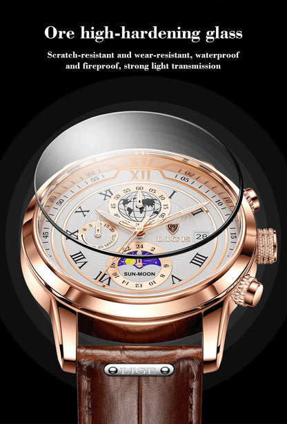 LIGE Luxury Man Wristwatch Waterproof Luminous Chronograph Watch for Men Leather Strap Men's Quartz Watches Reloj Hombre+Box