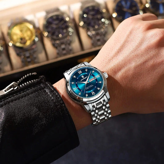 Trendy, luxury POEDAGAR men’s wristwatch, water-resistant, made of stainless steel, with luminous hands, date display and quartz movement.