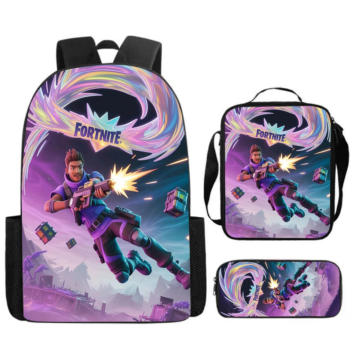 Conjunto Fortnite Cartoon de 3 peças, grande capacidade, adequado para rapazes e raparigas dos 5 aos 8 anos, inclui mochila, lancheira e estojo